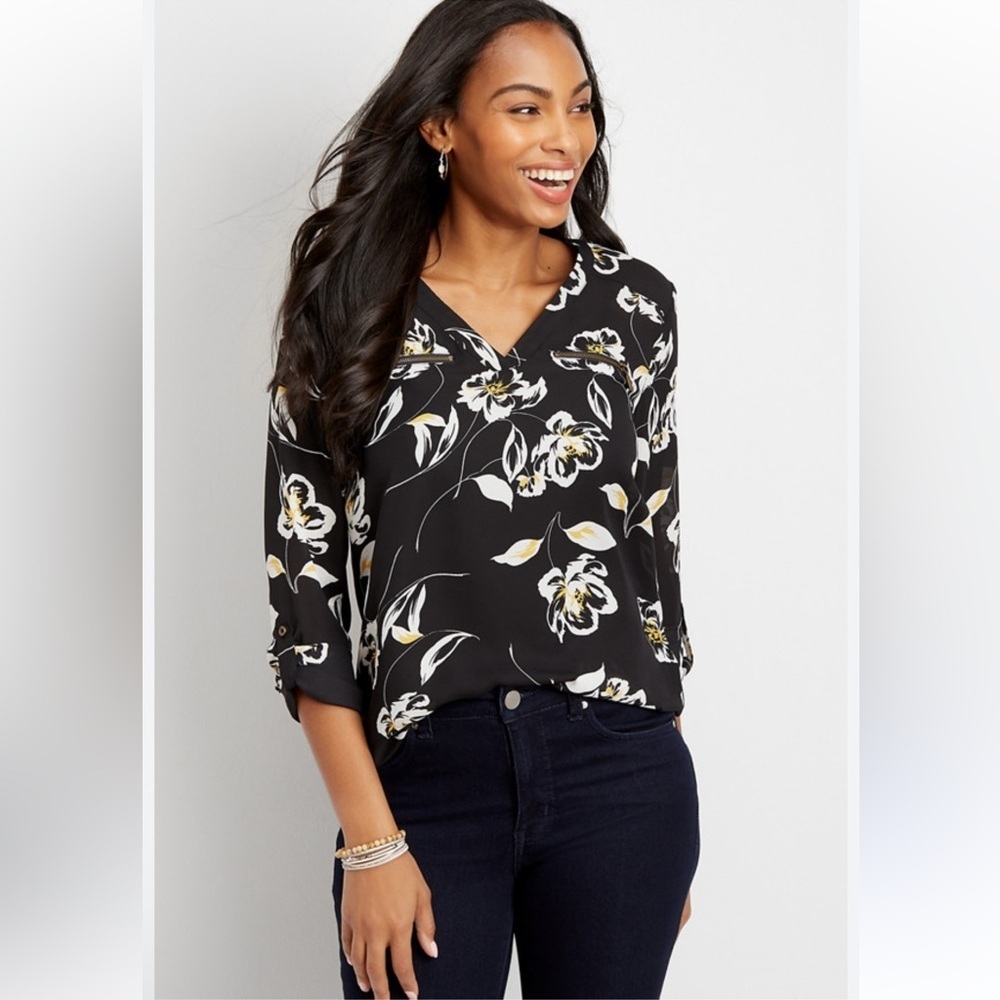 Maurices Floral Zipper Pocket Sheer Blouse Size Large